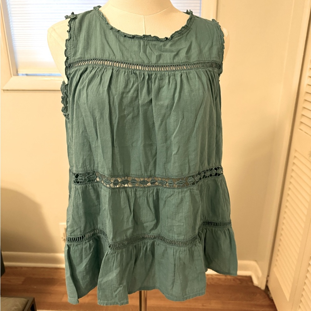 LOFT aqua blue-green swing top with Lace cut outs